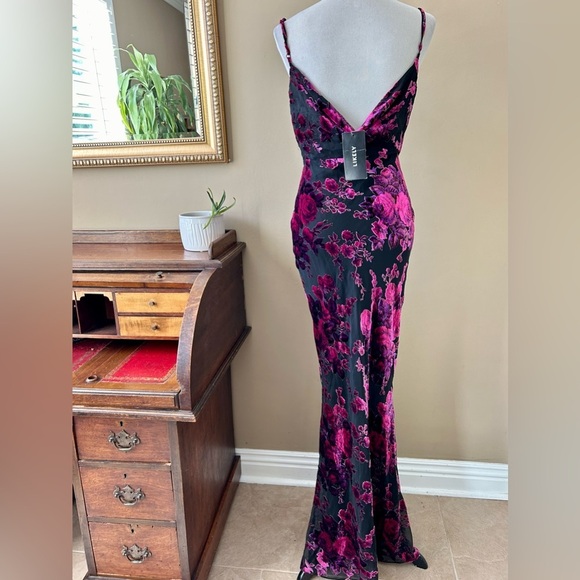 Revolve Likely Midori Gown Velvet Burnout Cowl Neck Floral Fuchsia Black 8 NWT - Picture 8 of 11
